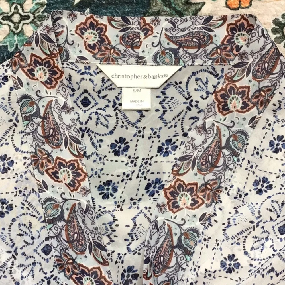 Christopher & Banks Semi Sheer Blue White Patterned Kimono Top Sz.S/M - Picture 3 of 10